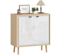 HOMCOM Buffet à Haute Brillance, Meuble de Rangement avec Double Porte, étagère réglable, Pieds en Bois, Style Moderne, Buffet Salle à Manger, Cuisine et Salon, 72 x 35 x 77 cm, Blanc et chêne