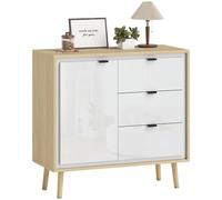 HOMCOM Buffet à Haute Brillance, Meuble de Rangement avec Portes, étagères réglables, Pieds en Bois, Style Moderne, Buffet Salle à Manger, Cuisine et Salon, Blanc et chêne (80L x 35l x 77H cm)