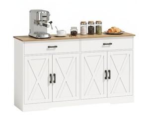 HOMCOM Buffet Armoire de Cuisine 4 Portes 140x38x81cm Blanc | Buffet avec 2 tiroirs, étagères réglables, rangement de style ferme pour salle à manger, salon
