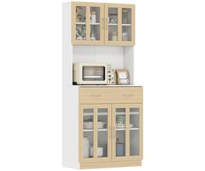 HOMCOM Buffet Armoire de Cuisine Multi-Rangement 4 Portes vitrine Verre avec étagère tiroir Coulissant Grand Plateau en Bois chêne Clair