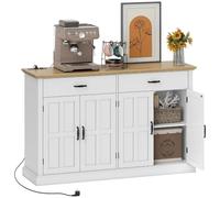 HOMCOM Buffet avec Port USB Multiprise 2 Tiroirs 140 x 40 x 91,5 cm Blanc | Meuble de Rangement, 2 Placards Portes de Grange, Étagères Ajustables, pour Salle à Manger Salon