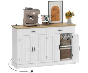 HOMCOM Buffet avec Port USB Multiprise 2 Tiroirs 140 x 40 x 91,5 cm Blanc | Meuble de Rangement, 2 Placards Portes de Grange, Étagères Ajustables, pour Salle à Manger Salon