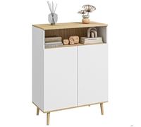 Buffet rangement design scandinave 2 portes étagère niche piètement bois pin panneaux blanc aspect chêne clair Blanc G