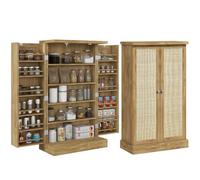 HOMCOM Buffet Cuisine 12 Étagères Réglables 60x30x104cm Effet Bois Naturel | Meuble Cuisine Rangement, Vaisselier Moderne, à Portes, Double Porte en Rotin, pour Salle à Manger, Salon