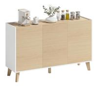 HOMCOM Buffet Cuisine, 6 Compartiments, 120x35x73,5cm Blanc Bois Naturel | Meuble de Rangement Nordique, 3 Portes Fermeture Douce, 6 Compartiments, Meuble TV pour Téléviseurs 50 Pouces, Salle à Manger