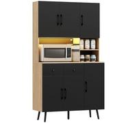 HOMCOM Buffet Cuisine avec lumière LED RGB contrôlé APP, Meuble Cuisine Rangement Haut avec Plan de Travail, 6 Portes, 2 tiroirs, Compartiments Ouverts, étagères réglables, 100x40x176cm, Noir
