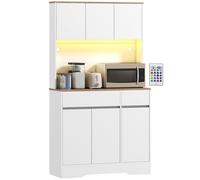 HOMCOM Buffet cuisine avec lumière LED RGB, meuble cuisine rangement haut, meuble de rangement avec plan de travail, 6 portes, 2 tiroirs, étagères réglables et télécommande inclus, 100x38x180cm, blanc