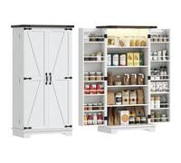 HOMCOM Buffet Cuisine, Meuble Cuisine Rangement 60 x 40 x 120 cm Blanc | Vaisselier avec 12 Étagères à Portes, Lumière LED Magnétique, Double Porte de Grange, pour Salle à Manger, Salon
