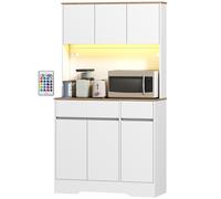HOMCOM Buffet cuisine meuble cuisine rangement haut avec lumière LED RGB, plan de travail, 6 portes, 2 tiroirs, blanc