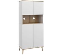 Buffet haut 4 portes 3 étagères réglables grande niche bois pin panneaux blanc aspect chêne clair Blanc G