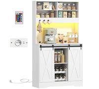 HOMCOM Buffet de Cuisine Haut Rustique 180 cm, Meuble Garde-Manger avec Prises de Recharge, éclairage LED, Porte-Bouteilles, Plateau pour Micro-Ondes, étagères Ouvertes, Portes coulissantes, Passage