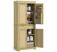HOMCOM Buffet de cuisine haut style bohème avec 2 placards et un tiroir, armoire de cuisine en bois et rotin avec porte-épices, 76x40x183cm, chêne