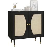 HOMCOM Buffet de Cuisine Meuble de Rangement Design bohème Double Portes avec 2 Niveaux, façade en cannage 80 x 38 x 79 cm Noir