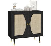 HOMCOM Buffet de Cuisine Meuble de Rangement Design bohème Double Portes avec 2 Niveaux, façade en cannage 80 x 38 x 79 cm Noir