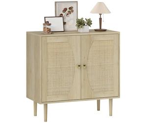 HOMCOM Buffet de Cuisine Meuble de Rangement Design bohème Double Portes avec 2 Niveaux, façade en cannage 80 x 38 x 79 cm Effet Bois Naturel