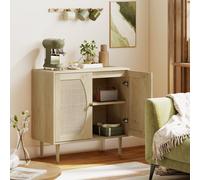 HOMCOM Buffet de cuisine meuble de rangement double portes avec 2 niveaux, façade en cannage 80 x 38 x 79 cm effet bois naturel