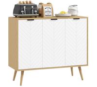 HOMCOM Buffet Bas, Meuble de Rangement, étagères réglables, 2 placards, 3 Portes Motif Chevrons, pour Cuisine, Salle à Manger, Salon, 91,5 x 35 x 77,4 cm, Blanc et Bois Naturel