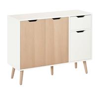 HOMCOM Buffet Design scandinave 2 placards tiroir Coulissant Pieds Bois Massif pin Panneaux Particules Blanc chêne Clair