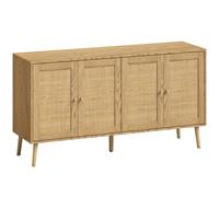 HOMCOM Buffet en rotin à 4 portes, buffet de cuisine bohème avec 2 étagères réglables, aspect bois naturel