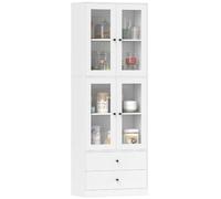 HOMCOM Buffet Haut Cuisine 4 Portes Vitrées 59 x 30 x 170 cm Blanc Brillant | Armoire de Cuisine, Vaisselier, 2 Tiroirs, Étagères Réglables, Meuble de Rangement Moderne, Salon, Salle à Manger
