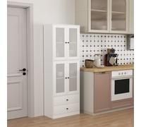 HOMCOM Buffet haut cuisine, armoire de cuisine avec portes vitrées, tiroirs et étagères réglables, 59x30x170cm, blanc brillant
