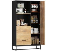 HOMCOM Buffet haut cuisine, armoire de cuisine, vaisselier, 2 tiroirs, placard à porte, 2 niches ouvertes, étagères réglables, meuble de rangement moderne, pieds en acier, 88x35x160cm, noir et naturel