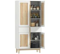 HOMCOM Buffet Haut Cuisine, Armoire de Cuisine, vaisselier, 4 Portes, 2 tiroirs, étagères réglables, Pieds en Bois d'hévéa, Meuble de Rangement pour Salon, Salle à Manger, 80x35x170cm, Blanc et chêne