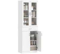 HOMCOM Buffet Haut Cuisine, Armoire de Cuisine, vaisselier, 4 Portes Dont 2 en Verre, tiroir, étagères réglables, Fermeture amortie, Meuble de Rangement pour Salon, Salle à Manger, 60x35x180cm, Blanc