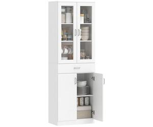 HOMCOM Buffet Haut Cuisine, Armoire de Cuisine, vaisselier, 4 Portes Dont 2 en Verre, tiroir, étagères réglables, Fermeture amortie, Meuble de Rangement pour Salon, Salle à Manger, 60x35x180cm, Blanc