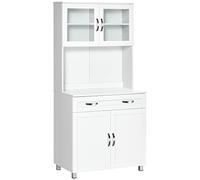HOMCOM Buffet Haut Cuisine, Armoire de Cuisine, vaisselier, 4 Portes Dont 2 en Verre, tiroir, Plan de Travail, étagères réglables, Meuble de Rangement pour Salon Salle à Manger, 80x48x170cm, Blanc