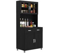 HOMCOM Buffet Haut Cuisine, Armoire de Cuisine, vaisselier, 4 Portes Dont 2 en Verre, tiroir, Plan de Travail, étagères réglables, Meuble de Rangement pour Salon Salle à Manger, 80x48x170cm, Noir