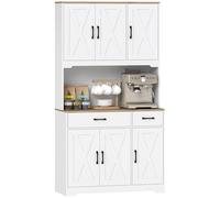 HOMCOM Buffet Haut Cuisine, Armoire de Cuisine, vaisselier, 6 Portes, 2 tiroirs, Plan de Travail et étagères réglables, Meuble de Rangement Rustique pour Salon, Salle à Manger, 94x39,5x175,2cm, Blanc