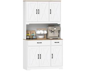 HOMCOM Buffet Haut Cuisine, Armoire de Cuisine, vaisselier, 6 Portes, 2 tiroirs, Plan de Travail et étagères réglables, Meuble de Rangement Rustique pour Salon, Salle à Manger, 94x39,5x175,2cm, Blanc