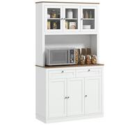 HOMCOM Buffet haut cuisine, armoire de cuisine, vaisselier, 6 portes dont 3 en verre, 2 tiroirs, plan de travail, étagères réglables, meuble de rangement pour salon salle à manger, 100x40x180cm, blanc