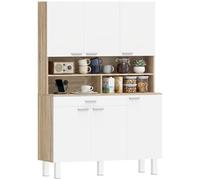 HOMCOM Buffet Haut Cuisine, Armoire de Cuisine, vaisselier, 6 Portes, tiroir et étagères Ouvertes, Style Moderne, Meuble de Rangement pour Salon, Salle à Manger, 120x40x175cm, Blanc et Bois Naturel