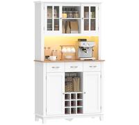 HOMCOM Buffet Haut Cuisine avec éclairage LED contrôlé App, Meuble de Rangement, vaisselier vitrine, 4 Portes, 3 tiroirs, Porte-Bouteilles, Plan de Travail, étagères réglables, 100x39,5x180 cm, Blanc