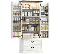 HOMCOM Buffet Haut Cuisine avec LED à capteur, Armoire de Cuisine, 2 Portes, 10 Porte-épices, 2 tiroirs et étagères réglables, Meuble de Rangement pour Salon, Salle à Manger, 76x39,5x183cm, Blanc