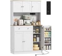 HOMCOM Buffet haut cuisine avec station de charge, armoire de cuisine, 6 portes, plan de travail, 4 porte-épices, étagères réglables, meuble de rangement pour salon salle à manger, 100x40x173cm, blanc