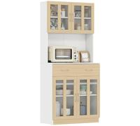 HOMCOM Buffet Haut de Cuisine Multi-Rangement Blanc Aspect chêne Clair | Armoire de Cuisine, 4 Portes Vitrine Verre, Étagère, Tiroir Coulissant, Grand Plateau en Bois