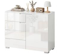HOMCOM Buffet laqué haute brillance, bahut moderne avec 4 tiroirs, meuble de cuisine à fermeture amortie, blanc
