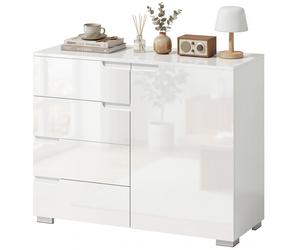 HOMCOM Buffet laqué haute brillance, bahut moderne avec 4 tiroirs, meuble de cuisine à fermeture amortie, blanc