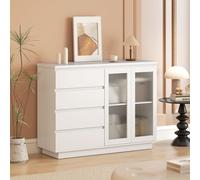 HOMCOM Buffet, meuble d'appoint avec 4 tiroirs, 2 portes vitrées, design moderne, MDF, Blanc