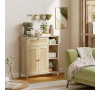 HOMCOM Buffet, meuble de rangement, 2 portes en rotin, tiroir, niches ouvertes, étagères réglables, 75x30x79,5cm, bois naturel