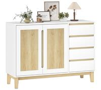 HOMCOM Buffet, Meuble de Rangement avec 2 Portes et 4 tiroirs, étagère réglable, Pieds en Bois de Caoutchouc, Style Nordique, Buffet Salle à Manger, Cuisine et Salon, 120 x 40 x 86 cm, Blanc et chêne