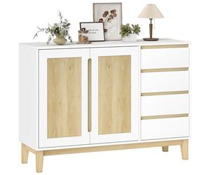 HOMCOM Buffet, Meuble de Rangement avec 2 Portes et 4 tiroirs, étagère réglable, Pieds en Bois de Caoutchouc, Style Nordique, Buffet Salle à Manger, Cuisine et Salon, 120 x 40 x 86 cm, Blanc et chêne