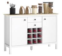 HOMCOM Buffet Meuble de Rangement avec 2 tiroirs, 2 Portes étagères réglables et Porte-Bouteilles pour 9 Bouteilles, 110 x 35 x 75 cm, Blanc et Bois Naturel