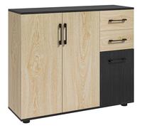 HOMCOM Buffet, Meuble de Rangement avec 3 Portes, 2 tiroirs et étagère réglable, Style Moderne, Buffet Salle à Manger, Cuisine et Salon, 90 x 30 x 75,5 cm, Noir et Bois Naturel