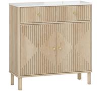 HOMCOM Buffet, meuble de rangement cannelé avec plateau effet marbre, 2 tiroirs, 2 portes, étagère réglable, 77x30x80cm, chêne
