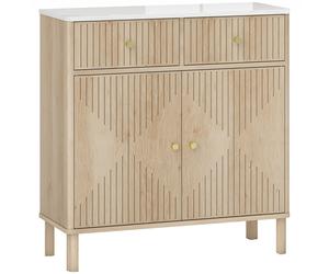 HOMCOM Buffet, meuble de rangement cannelé avec plateau effet marbre, 2 tiroirs, 2 portes, étagère réglable, 77x30x80cm, chêne
