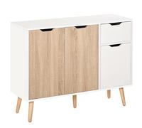 HomCom Buffet design scandinave 2 placards tiroir coulissant pieds en pin massif Blanc chêne clair